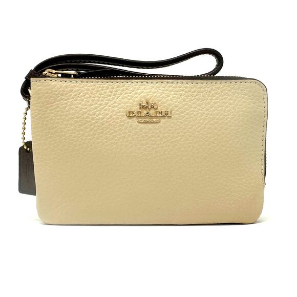 Coach Double Corner Zip Wristlet In Colorblock Ivory Light Saddle Leather 91622 - Picture 1 of 9